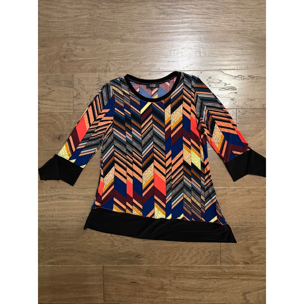 Lior Paris Womens Multi‎ Color Geometric Chevron 3/4 Sleeve Asymmetrical Top S